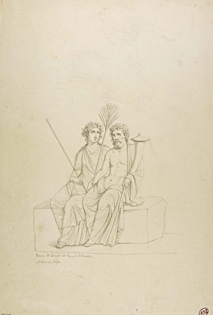VII.15.2 Pompeii. Drawing by Nicola La Volpe, of two divinities, detail from Slaughter of the Niobids from north wall of apodyterium/exedra.
Now in Naples Archaeological Museum. Inventory number ADS 706.
Photo © ICCD. http://www.catalogo.beniculturali.it
Utilizzabili alle condizioni della licenza Attribuzione - Non commerciale - Condividi allo stesso modo 2.5 Italia (CC BY-NC-SA 2.5 IT)
According to Sogliano, this painting was not preserved, but now appears to be in Naples Museum, inventory number 111479.
See Sogliano, A., 1879. Le pitture murali campane scoverte negli anni 1867-79. Napoli: Giannini, p.85, no.505.