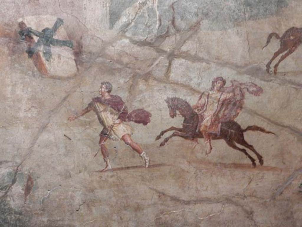 VII.15.2 Pompeii. May 2018. Detail from Slaughter of the Niobids from north wall of apodyterium/exedra.
The sons of Niobe try to flee on foot or by horse, but escape is futile. Photo courtesy of Buzz Ferebee.
Now in Naples Archaeological Museum. Inventory number 111479.
