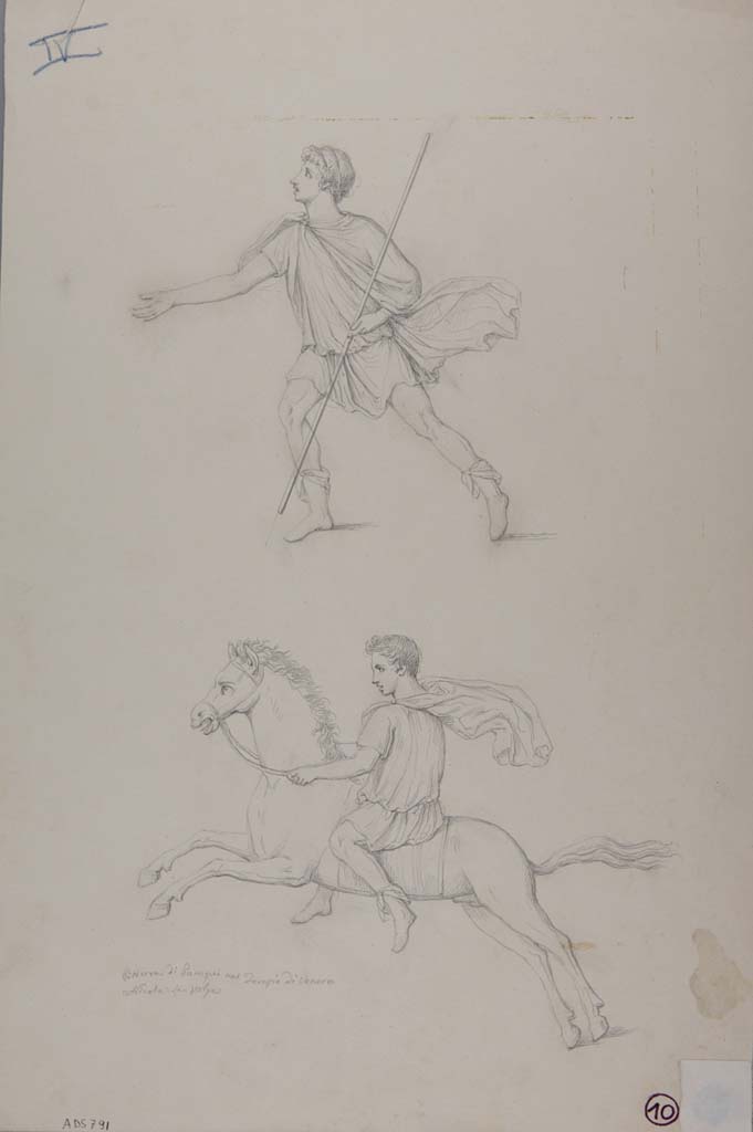 VII.15.2 Pompeii. Drawing by Nicola La Volpe, of detail from painting of Slaughter of the Niobids from north wall of apodyterium/exedra.
Now in Naples Archaeological Museum. Inventory number ADS 791.
Photo © ICCD. http://www.catalogo.beniculturali.it
Utilizzabili alle condizioni della licenza Attribuzione - Non commerciale - Condividi allo stesso modo 2.5 Italia (CC BY-NC-SA 2.5 IT)
