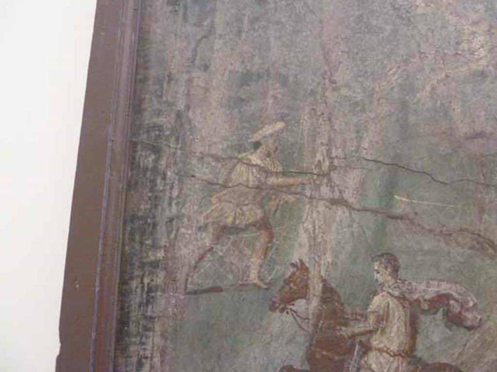 VII.15.2 Pompeii. May 2010. Detail from Slaughter of the Niobids from north wall of apodyterium. The Niobids try to escape the deadly arrows which is futile. The servants, in short tunics and wearing hats, continue the hunt as if unaware of what is happening around them. Now in Naples Archaeological Museum. Inventory number 111479. See Bragantini, I and Sampaolo, V., Eds, 2009. La Pittura Pompeiana. Verona: Electa. (p. 270, Fig 115)