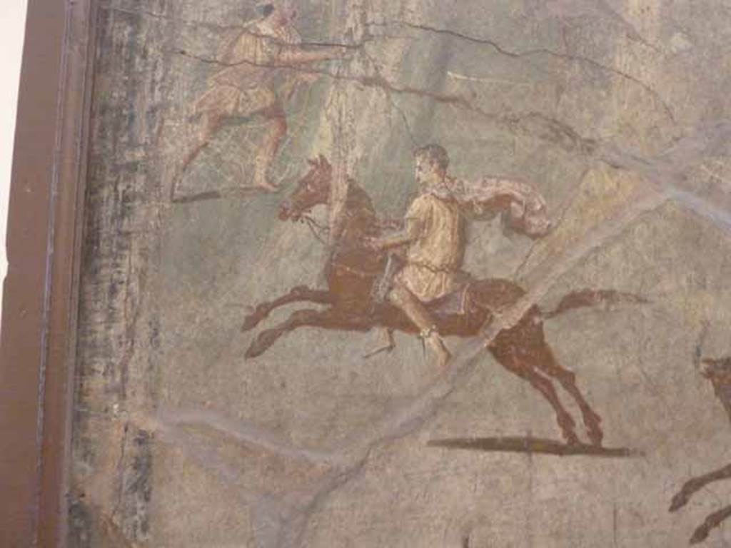 VII.15.2 Pompeii. May 2010. Detail from Slaughter of the Niobids from north wall of apodyterium. The children of Niobe try to flee the deadly arrows but are in chaos. Now in Naples Archaeological Museum. Inventory number 111479.