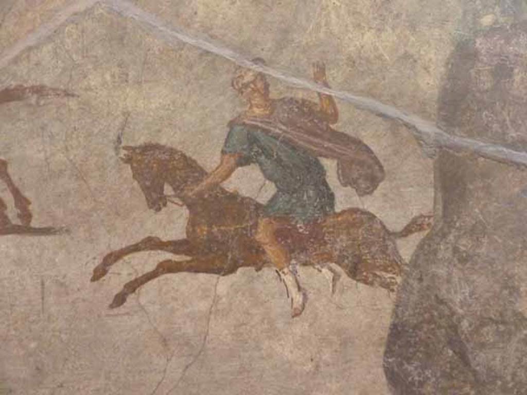 VII.15.2 Pompeii. May 2010. Detail from Slaughter of the Niobids from north wall of apodyterium. The children of Niobe try to flee the deadly arrows but are in chaos. Now in Naples Archaeological Museum. Inventory number 111479.