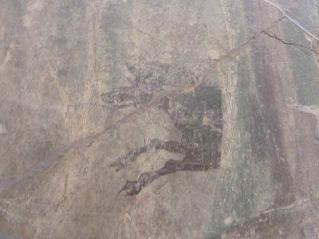 VII.15.2 Pompeii. May 2010. Detail from Slaughter of the Niobids from north wall of apodyterium. The servants continue hunting an exceptionally large giant boar as if unaware of what is happening around them. Now in Naples Archaeological Museum. Inventory number 111479.