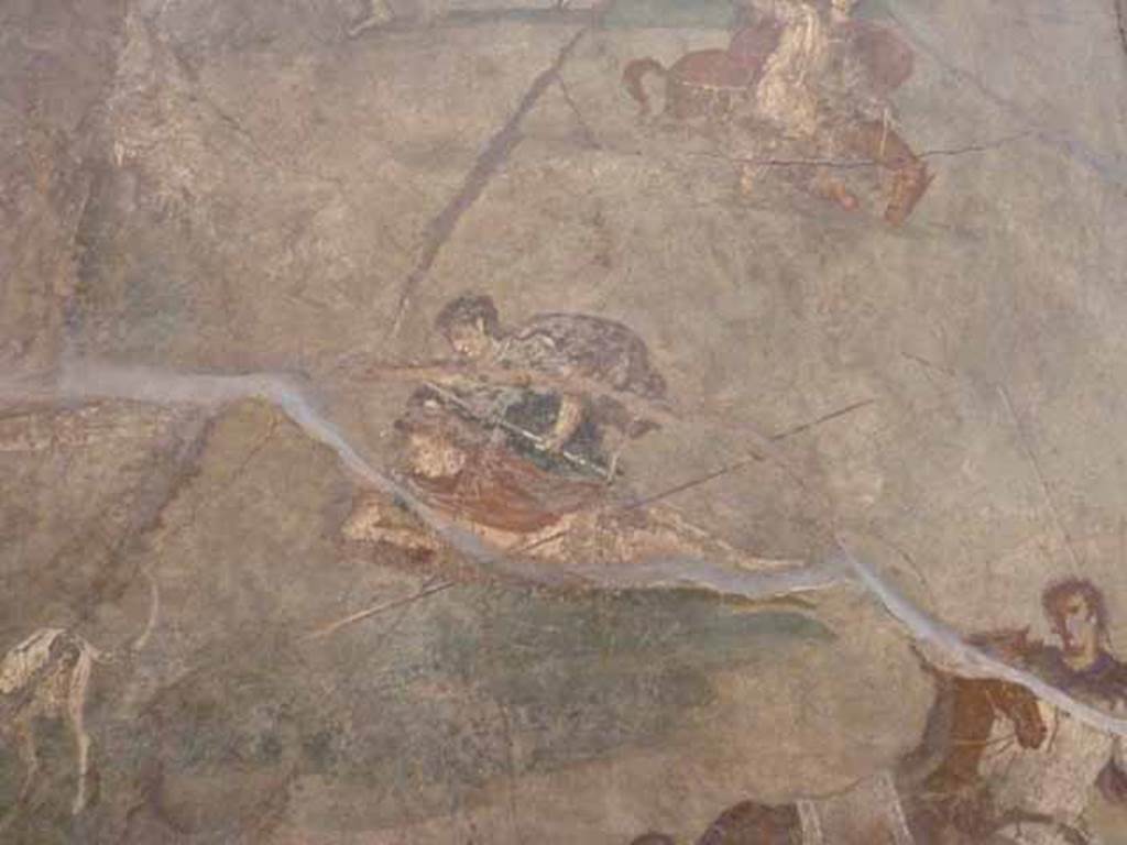 VII.15.2 Pompeii. May 2010. Detail from Slaughter of the Niobids from north wall of apodyterium. The Niobids try to escape the deadly arrows which is futile. Now in Naples Archaeological Museum. Inventory number 111479.