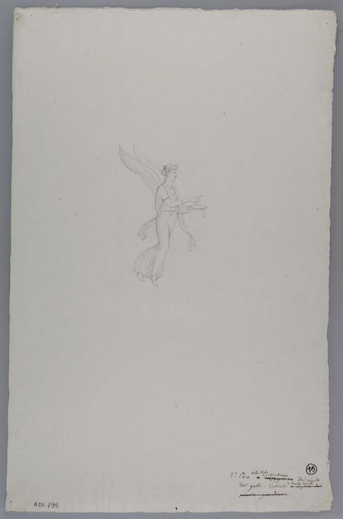 VII.15.2 Pompeii. Drawing by Geremia Discanno, of crowned female flying figure, probably from a wall in apodyterium/exedra, see Sogliano.
According to the drawing, this figure was seen in “cubicolo a destra del piccolo giardino” corrected to “room z”.
See Sogliano, A., 1879. Le pitture murali campane scoverte negli anni 1867-79. Napoli: Giannini, p.73, no.446.
See Bullettino dell’Instituto di Corrispondenza Archeologica (DAIR), 1873, p.231,
See Fiorelli, Scavi Di Pompei, p.128, n.263.
Now in Naples Archaeological Museum. Inventory number ADS 795.
Photo © ICCD. http://www.catalogo.beniculturali.it
Utilizzabili alle condizioni della licenza Attribuzione - Non commerciale - Condividi allo stesso modo 2.5 Italia (CC BY-NC-SA 2.5 IT)
