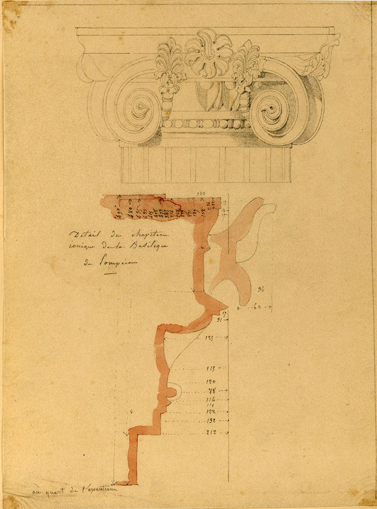 VIII.1.1 Pompeii. 1848? Sketch of detail of Ionic capital in the Basilica.
See Plantar, Jean-Baptiste (1790-1879) Album de dessins d'architecture et d'art décoratif, pl. 7 verso.
INHA Identifiant numérique : NUM MS 675. See Book on INHA
Document placé sous « Licence Ouverte / Open Licence » Etalab