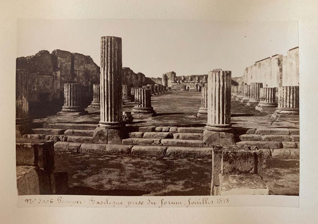 VIII.1.1 Pompeii. Album by M. Amodio, c.1880, entitled “Pompei, destroyed on 23 November 79, discovered in 1748”.
Looking west from the Forum, across entrance steps into Basilica, Photo courtesy of Rick Bauer.