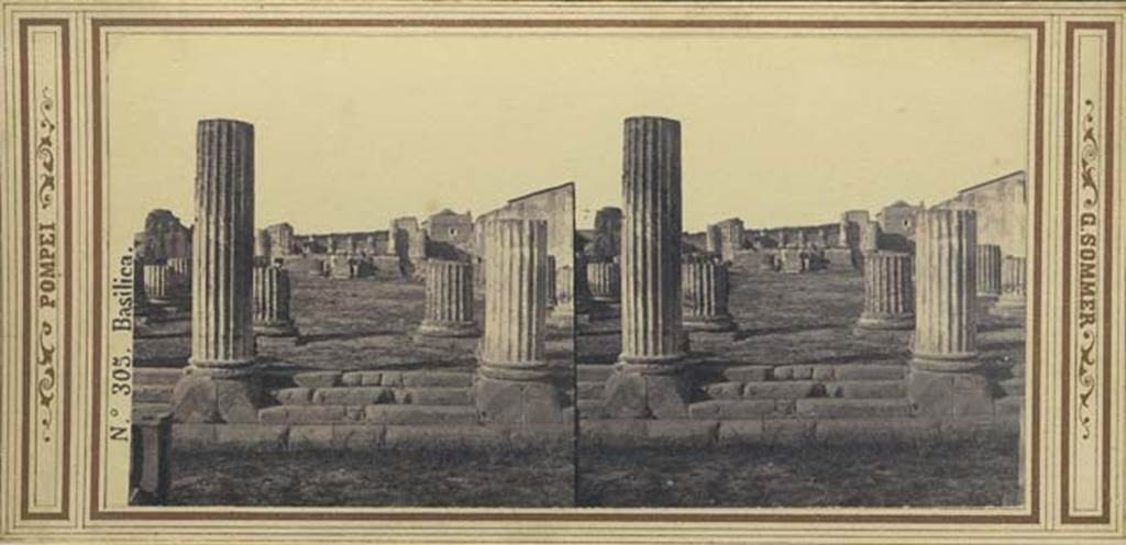 VIII.1.1 Pompeii. Stereoview by G. Sommer, looking west from the Forum, across entrance steps into Basilica, c.1860-1870’s. Photo courtesy of Rick Bauer.