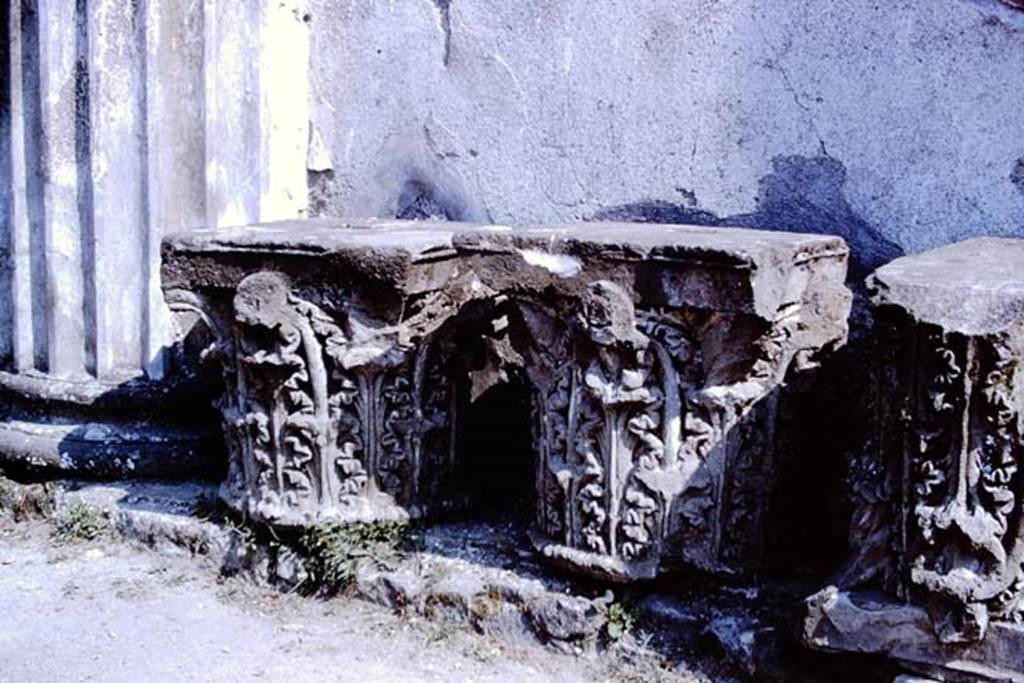 VIII.1.1 Pompeii. 1966. Corinthian capitals on display in Basilica. Photo by Stanley A. Jashemski.
Source: The Wilhelmina and Stanley A. Jashemski archive in the University of Maryland Library, Special Collections (See collection page) and made available under the Creative Commons Attribution-Non Commercial License v.4. See Licence and use details. J66f0241