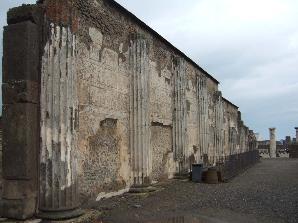 VIII.1.1 Pompeii. December 2005.
Basilica, north wall and corridor. Looking east along remains of half round columns and stucco plaster.