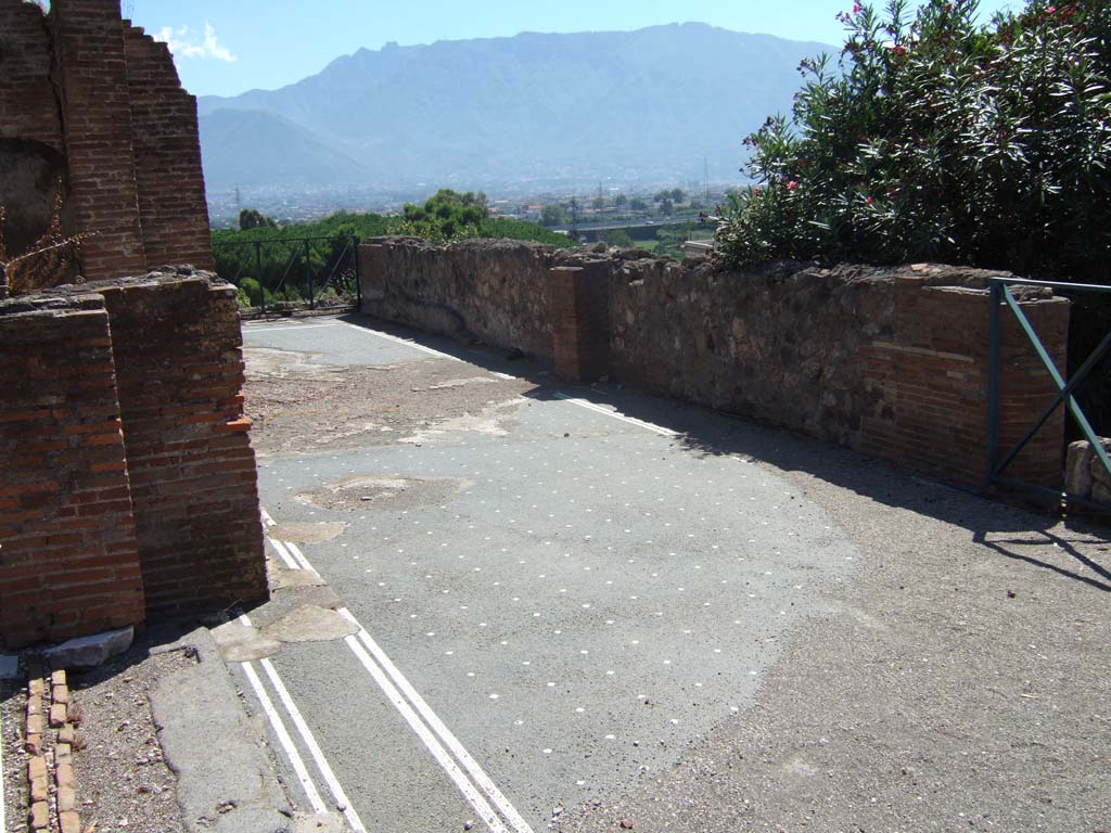 VIII.2.16 Pompeii. September 2005. Looking south along east portico of terrace garden. 
According to Jashemski, this house had a terrace garden built over the volcanic ledge, with a fine view over the Bay and mountains.
Today, only a triangular portion exists.
The garden was enclosed on the east and north by a portico.
The planted area was several steps lower than the portico.
Between the two peristyles in this house (including VIII.2.14) was a large and airy room, open to each peristyle.
There were terraces on the two lower levels.
See Jashemski, W. F., 1993. The Gardens of Pompeii, Volume II: Appendices. New York: Caratzas. (p.206)
