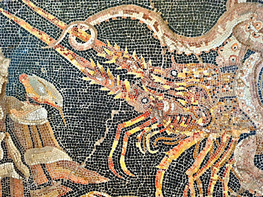 VIII.2.16 Pompeii. September 2024. 
Detail of lobster and tentacles of octopus from mosaic emblema found in triclinium. Photo courtesy of Giuseppe Ciaramella.
Now in Naples Archaeological Museum, inv. no. 120177.