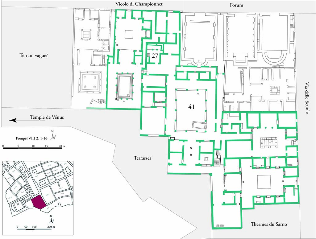 Fig. 1 - Pompi, Maison des Mosaques gomtriques dans son contexte topographique.  
Photo courtoisie de Sandra Zanella. Agrandir / Enlarge (jpg, 2,2M)

