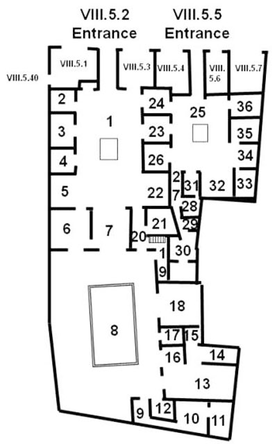 Pompeii VIII.5.2 Casa del Gallo I and VIII.5.5 Casa di Ero e Leandro
Combined room plan