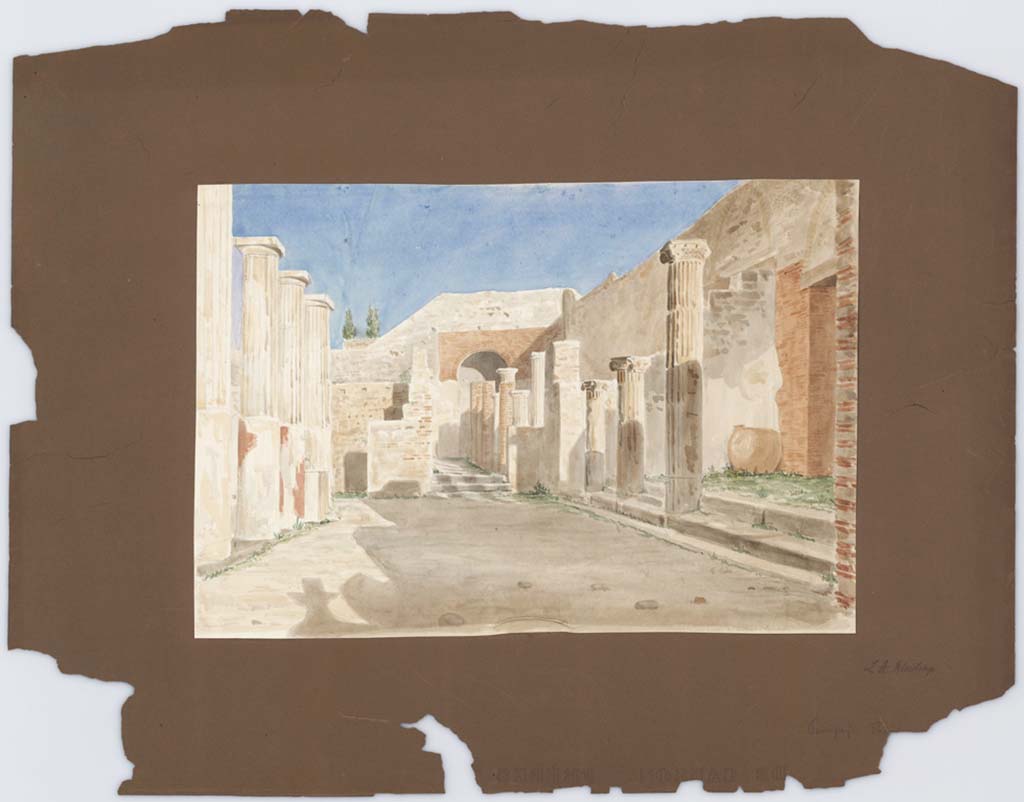 VIII.7.16 Pompeii. 1849.
Painting by Laurits Albert Winstrup, looking towards north-east corner and the three Ionic columns that formed the entrance hall on the side of the colonnade.
Photo © Danmarks Kunstbibliotek, inventory number ark_6106.