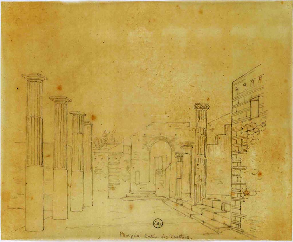 VIII.7.16 Pompeii. Sketch, north-east corner, looking north towards entrance to Theatre.
See Lesueur, Jean-Baptiste Ciceron. Voyage en Italie de Jean-Baptiste Ciceron Lesueur (1794-1883), pl. 75.
See Book on INHA reference INHA NUM PC 15469 (04) « Licence Ouverte / Open Licence » Etalab