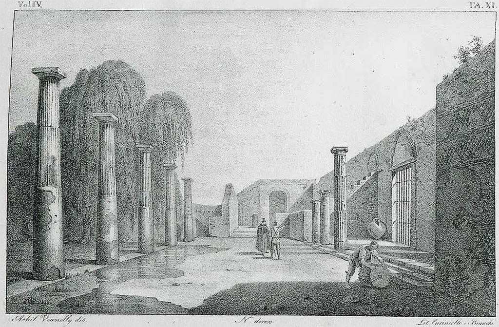 VIII.7.16 Pompeii. Pre-1827. Drawing, looking north towards entrance to Theatre, from east side of Portico.
See Real Museo Borbonico, vol. IV, tav. XL, (40).