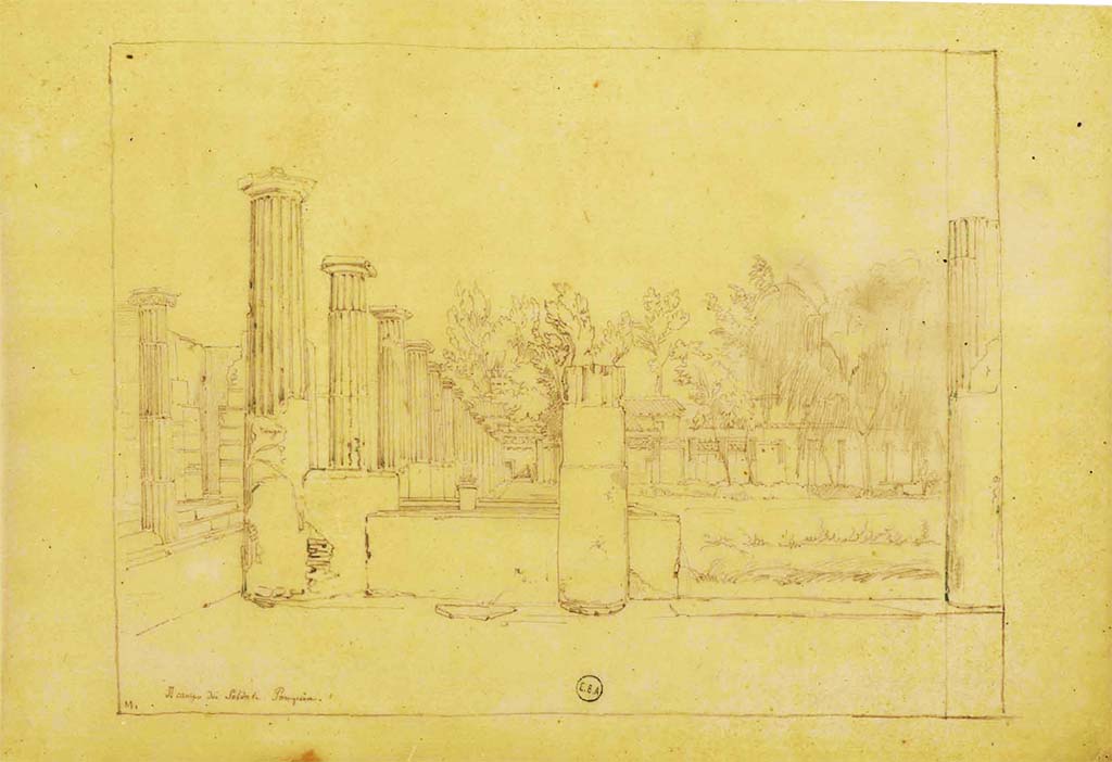 VIII.7.16 Pompeii. Drawing by J-B. C. Lesueur "Il Campo dei Soldati. Pompeia". Looking south along the east side, from north-east corner.
See Lesueur, Jean-Baptiste Ciceron. Voyage en Italie de Jean-Baptiste Ciceron Lesueur (1794-1883), pl. 68.
See Book on INHA reference INHA NUM PC 15469 (04) « Licence Ouverte / Open Licence » Etalab
