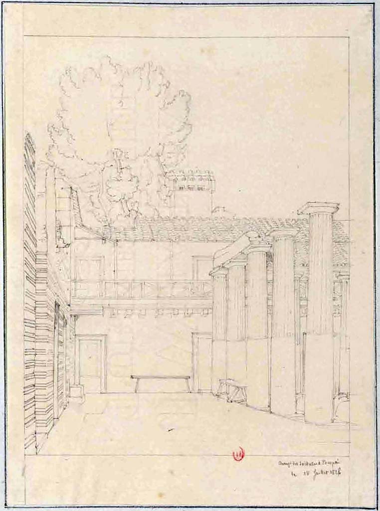 VIII.7.16 Pompeii. July 1826. Sketch by P.A. Poirot, looking south towards south-east corner
See Poirot, P. A., 1826. Carnets de dessins de Pierre-Achille Poirot. Tome 2 : Pompeia, pl. 45.
See Book on INHA Document placé sous « Licence Ouverte / Open Licence » Etalab