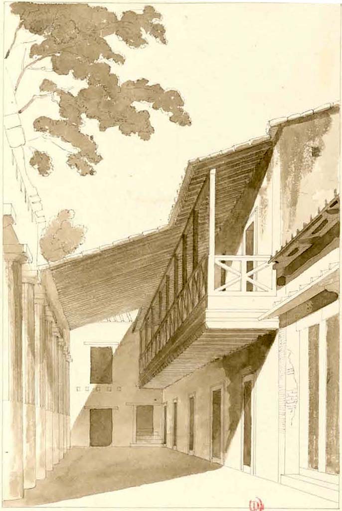 VIII.7.16 Pompeii. July 1826. Sketch by P.A. Poirot, looking east towards south-east corner.
See Poirot, P. A., 1826. Carnets de dessins de Pierre-Achille Poirot. Tome 2 : Pompeia, pl. 44.
See Book on INHA Document placé sous « Licence Ouverte / Open Licence » Etalab