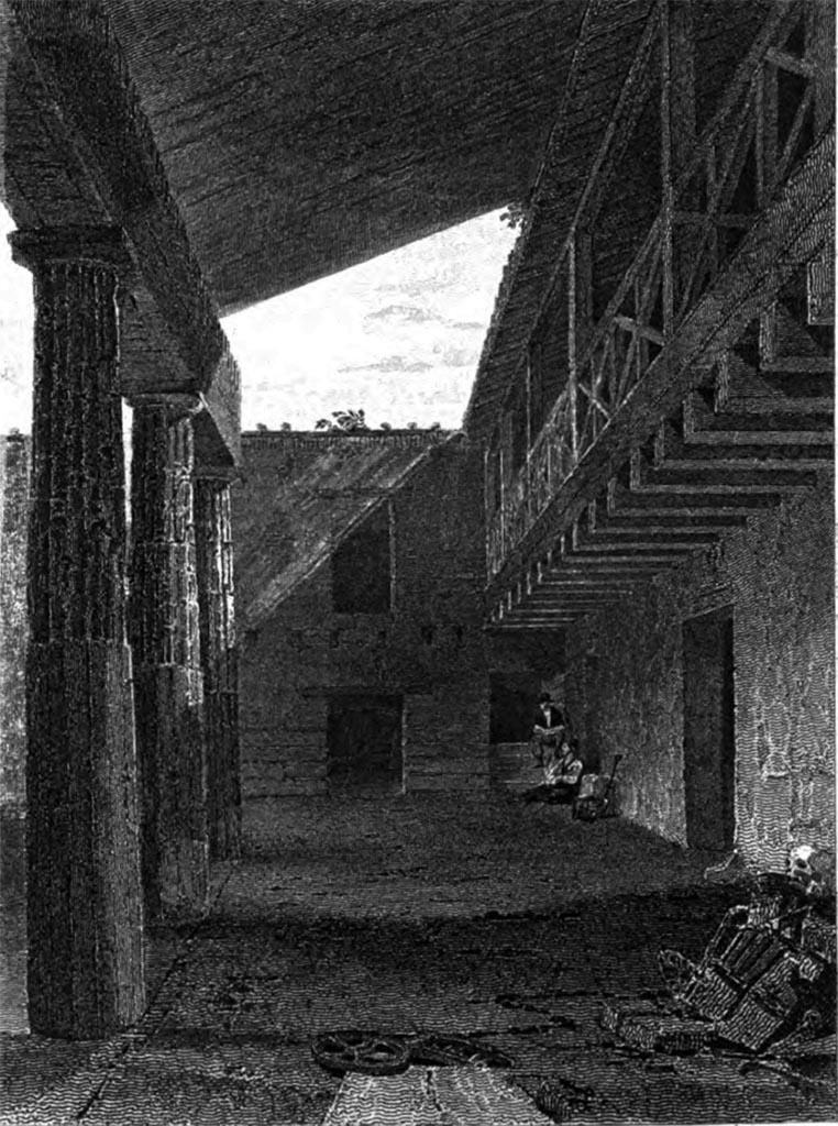 VIII.7.16. 1852 drawing from Pompeiana. Looking east along south side towards south-east corner.
According to Gell,
“The stuccoed columns were alternately painted red, yellow, or blue; the unfluted part always red.
The gallery is restored, we are told, as pointed out by the carbon of the ancient woodwork.
The angle represented is that next to the taverna.”
See Gell, W. and Gandy, J., 1852. Pompeiana: Third Edition. London: Bohn. (p.194, pl. 72)