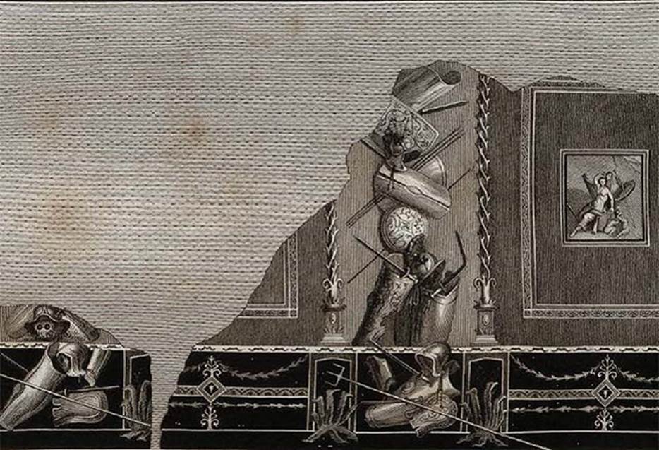 VIII.7.16 Pompeii. Paintings found on the east and west walls of the exedra at the centre of the south side of the portico on 14th February 1767.
The choice of depicting the weapons was evidently determined by the function that the entire portico had in the last decades of the city's life, that of Ludus gladiatorius, the gym and residence of the gladiators, as is also documented by the numerous graffiti read on the plaster of its rooms and its columns and above all from the discovery of numerous splendid bronze weapons inside.
Shown on the walls in this room were mythological paintings, different weapons used by gladiators and a military trophy.
On the right in this painting, Mars and Venus with two cupids playing with a helmet, are shown in the panel.
Engraving by Filippo Morghen published in 1838.
See Gli ornati delle pareti ed i pavimenti delle stanze dell'antica Pompei incisi in rame: 1838, pl. 53.
Morghen has reproduced the details of the two short walls, putting them together as if they were contiguous, and replaces the original indistinct mythological picture with figures of Mars with a staff and Venus fully draped.
The parts with figurative elements were detached from the walls and are now in Naples Archaeological Museum.
Two that have recently been restored are, inventory numbers 9694, gladiatorial arms (left in this painting) and 9702, trophy and arms (centre right).
See Sampaolo V., Frammenti di affreschi con armi gladiatorie in Restituzione: Tesori d’arte restaurati 2013, p. 103.