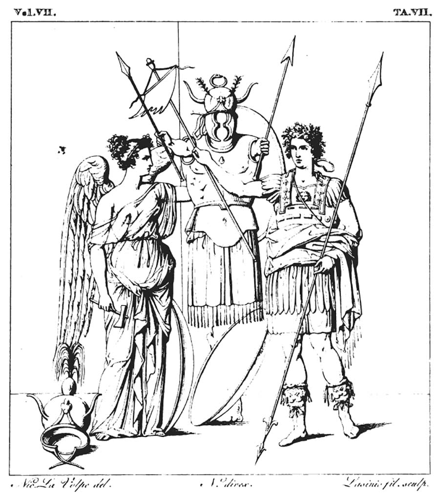 Pompeii, Herculaneum or Villa San Marco, Stabia? Drawing of painting by La Volpe of Vittoria, tropaion and victorious warrior.
According to RMB, this is described as –
“ ………… One of these is precisely the painting of a plaster found in the excavations of Herculaneum, and specifically in Civita one of its nearby neighbours;
a painting that we have exactly outlined in this table. ………..
When this beautiful painting came out of the excavations it was drawn and engraved by our Herculaneum Academics, who rendered it for public reason in Volume III of the Paintings table XXXIX, to the explanation of which we leave those readers who desire greater knowledge.”
See Real Museo Borbonici, Vol. 7, 1831, Tav. VII. (Antico dipinto Ercolanese).
(“......... Uno di questi ci presenta per l’appunto il dipinto di un intonaco rinvenuto nelle scavazioni di Ercolano, e propriamente in Civita una delle sue adjacenze; dipinto che abbiamo fatto esattamente delineare in questa tavola. ..........
Allorché questo bel dipinto venne fuori dagli Scavi fu fatto disegnare ed incidere da' nostri Accademici Ercolanesi, i quali lo reser di pubblica ragione nel Tomo III delle Pitture tavola XXXIX, alla spiegazione della quale rimettiamo que’ lettori che han vaghezza di maggiore erudizione.”)
Vedi Real Museo Borbonici, Vol. 7, 1831, Tav. VII. (Antico dipinto Ercolanese).