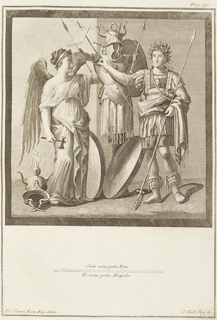 Villa San Marco, Stabiae? Room 8. Vittoria, tropaion and victorious warrior.
See Antichità di Ercolano: Tomo Terzo: Le Pitture 3, 1762, tav. 39, p. 197.
See Pagano, M. and Prisciandaro, R., 2006. Studio sulle provenienze degli oggetti rinvenuti negli scavi borbonici del regno di Napoli. Naples: Nicola Longobardi, p. 240, Footnote 26: Ade iii, 39,197.