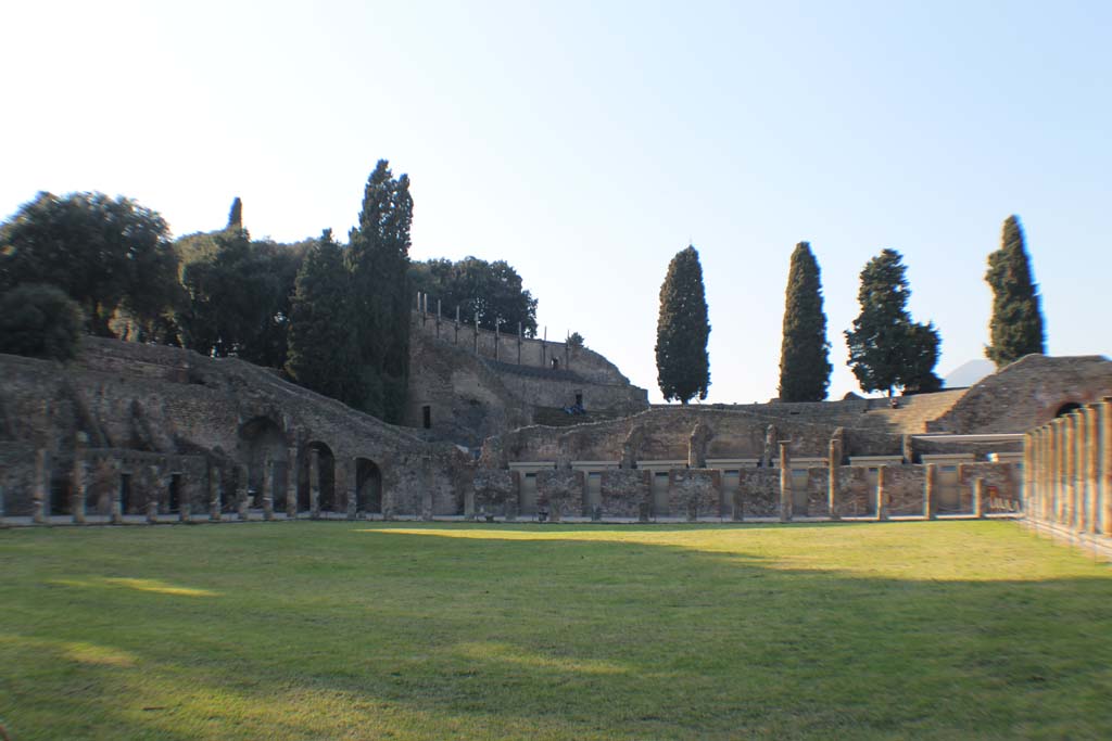 VIII.7.16 Pompeii. March 2014.
Looking towards north side to staircase to the Triangular Forum and the walls of the upper storey of the Large Theatre.
Foto Annette Haug, ERC Grant 681269 DÉCOR.