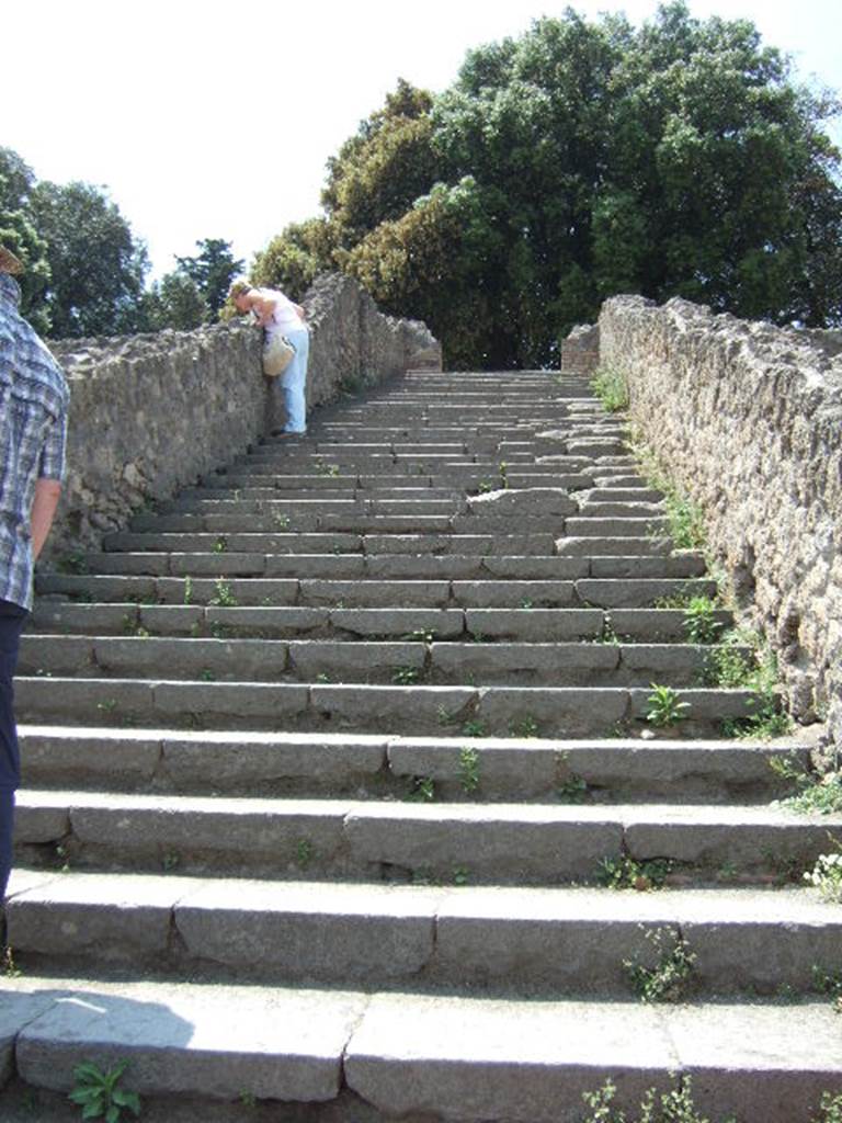 VIII.7.16 Pompeii. September 2005. The large staircase to Triangular Forum over the room in the NW corner in the Gladiators Barracks.