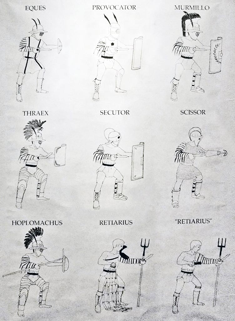 VIII.7.16 Pompeii. Modern drawings of various types of gladiators showing typical armour and weapons.
Eques ("horseman")
Hoplomachus ("heavy-weapons fighter")
Murmillo ("fish")
Provocator ("attacker")
Retiarius ("netman")
Secutor ("pursuer")
Thraex ("Thracian").
Photo courtesy of Barbara McManus.