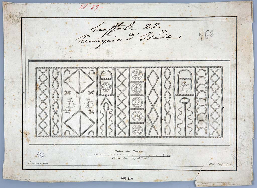 VIII.7.28 Pompeii. Water container decorated with themes of Isis. Found in the north-east corner of the portico. 
Drawing by Giovanni Battista Casanova, engraved by Raffaele Aloja, showing flattened view of pattern.
Now in Naples Archaeological Museum. Inventory number ADS 929.
Photo © ICCD. http://www.catalogo.beniculturali.it
Utilizzabili alle condizioni della licenza Attribuzione - Non commerciale - Condividi allo stesso modo 2.5 Italia (CC BY-NC-SA 2.5 IT)