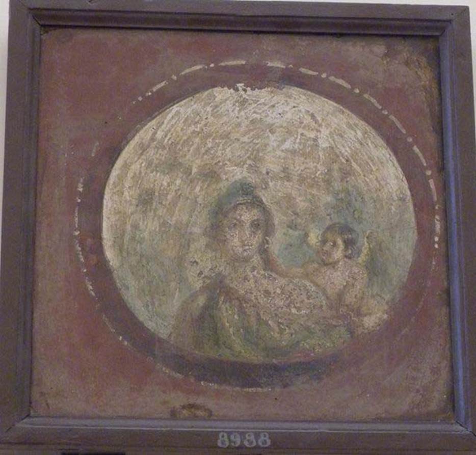 VIII.7.28 Pompeii. Found 19 July 1766. Cubiculum.
Round painted medallion of Paris with cupid. 
Now in Naples Archaeological Museum. Inventory number 8988.
See Bragantini, I and Sampaolo, V., Eds, 2009. La Pittura Pompeiana. Verona: Electa. p. 521, Scheda 301.
See Prisciandaro, R., 2006. Studio sulle provenienze degli oggetti rinvenuti negli scavi borbonici del regno di Napoli: Una lettura integrata, coordinata e commentata della documentazione Volume 1. Naples : Nicola Longobardi. (p. 57).
See Helbig, W., 1868. Wandgemälde der vom Vesuv verschütteten Städte Campaniens. Leipzig: Breitkopf und Härtel. (1271).
