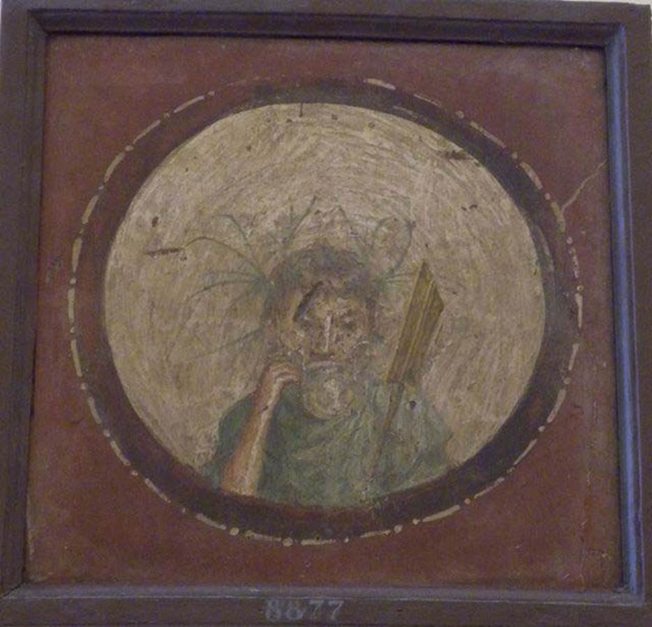 VIII.7.28 Pompeii. Found 19 July 1766. Cubiculum.
Round painted medallion with head of satyr drinking from a silver kantharos.
The presence of a rudder on the left shoulder identifies him with a river god possibly the Nile or Sarno. 
This may be a reference to Fortuna who was associated with Isis. 
Now in Naples Archaeological Museum. Inventory number 8877.
See Bragantini, I and Sampaolo, V., Eds, 2009. La Pittura Pompeiana. Verona: Electa. p. 521, Scheda 300.
See Prisciandaro, R., 2006. Studio sulle provenienze degli oggetti rinvenuti negli scavi borbonici del regno di Napoli: Una lettura integrata, coordinata e commentata della documentazione Volume 1. Naples : Nicola Longobardi. (p. 57).
See Helbig, W., 1868. Wandgemälde der vom Vesuv verschütteten Städte Campaniens. Leipzig: Breitkopf und Härtel. (1013).
