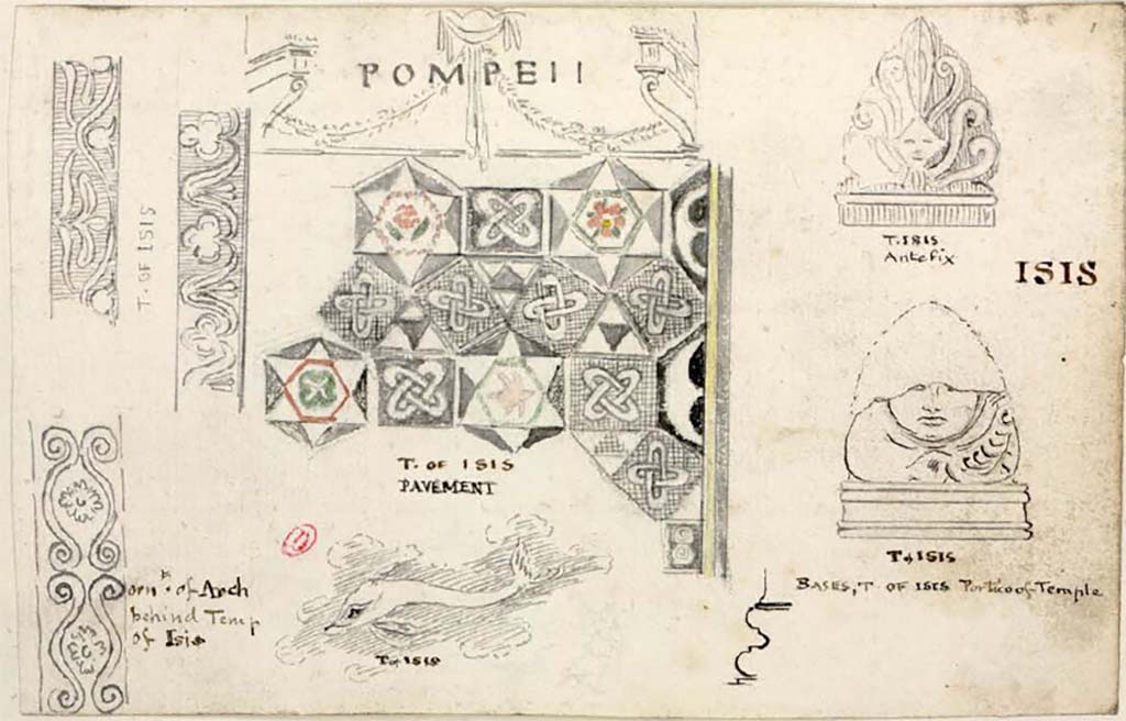 VIII.7.28 Pompeii. Between 1819 and 1832, sketches by William Gell from Temple of Isis including flooring.
See Gell, W. Pompeii unpublished [Dessins de l'édition de 1832 donnant le résultat des fouilles post 1819 (?)] vol II, pl. 60.
Bibliothèque de l'Institut National d'Histoire de l'Art, collections Jacques Doucet, Identifiant numérique Num MS180 (2).
See book in INHA Use Etalab Licence Ouverte
