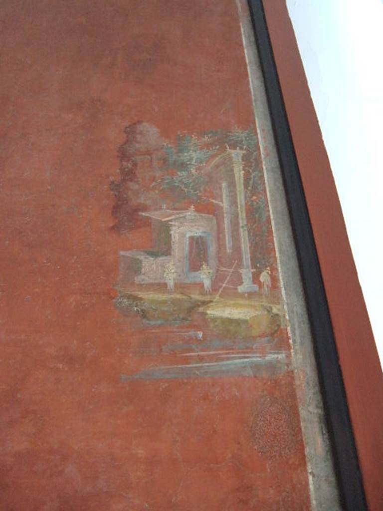 VIII.7.28 Pompeii.  Detail of architectural landscape from panel with landscape and architecture.  Found in central feature of south wall.  Now in Naples Archaeological Museum.
