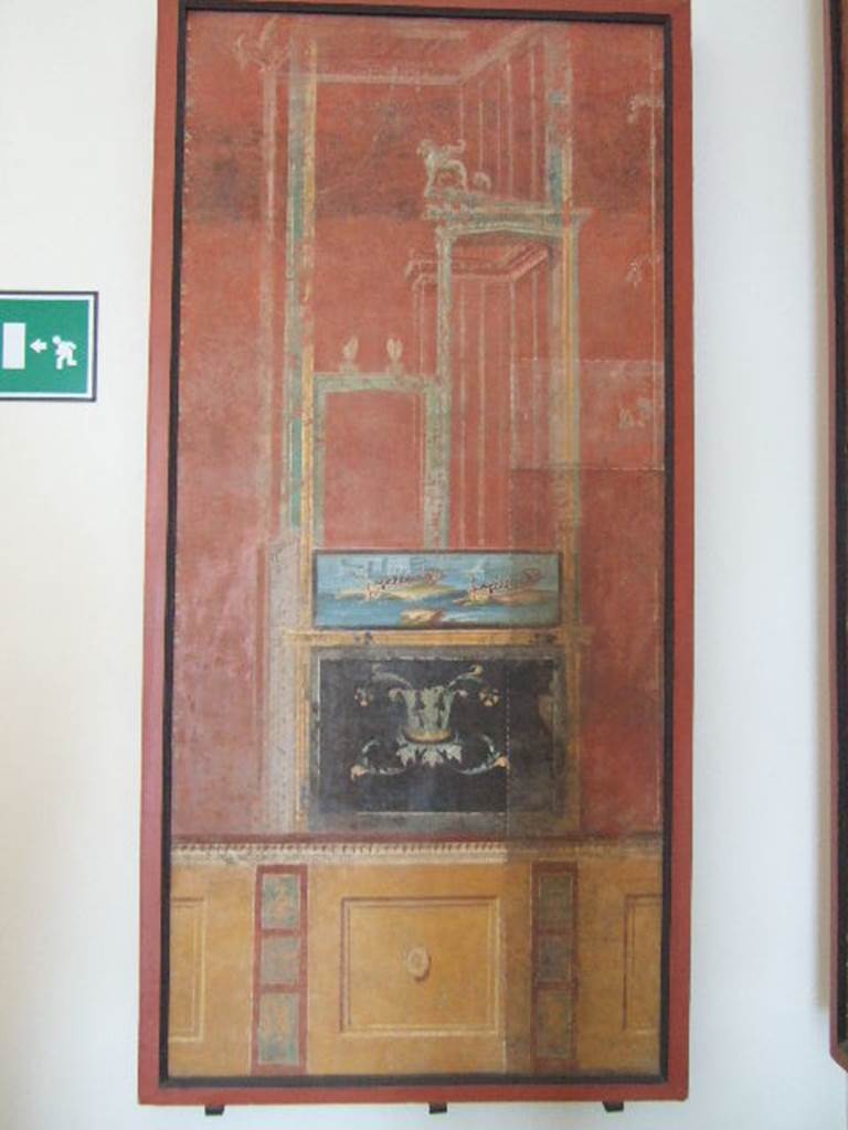 VIII.7.28 Pompeii.  Painted panel with architecture and naval scene.
Now in Naples Archaeological Museum.
