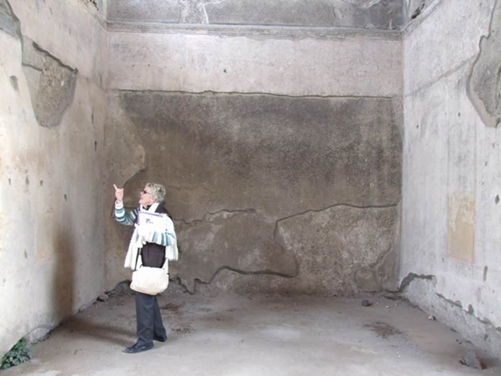 IX.1.20 Pompeii. December 2007. Room 9, triclinium or dining room on east side of tablinum. Looking east. The doorway from the atrium would be on the right, just out of photograph.
This room contained a series of paintings illustrating the musical contest between Apollo and Marsyas. They are now hardly visible. Mau states that on the two panels in the north-east corner and two panels in the south-east corner were the Muses, who were acting as judges in the contest of skill between Apollo and Marsyas.
See Mau, A., 1907, translated by Kelsey F. W. Pompeii: Its Life and Art. New York: Macmillan. (p.312).
Schefold has sketches of Thalia, Urania, Euterpe, Terpsichore and Melpomene.
See Schefold, K., 1962. Vergessenes Pompeji. Bern: Francke. (T.173,2-4, 174).