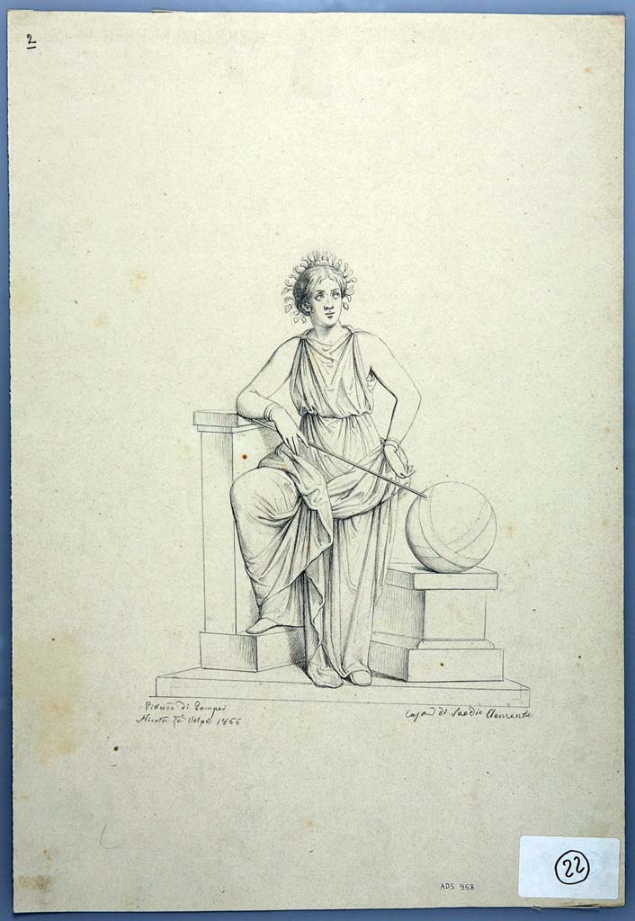IX.1.20 Pompeii. Drawing by Nicola La Volpe, 1866, of painting of Urania with globe, from east wall of triclinium.
See Helbig, W., 1868. Wandgemälde der vom Vesuv verschütteten Städte Campaniens. Leipzig: Breitkopf und Härtel, (892b).
Now in Naples Archaeological Museum. Inventory number ADS 958.
Photo © ICCD. http://www.catalogo.beniculturali.it
Utilizzabili alle condizioni della licenza Attribuzione - Non commerciale - Condividi allo stesso modo 2.5 Italia (CC BY-NC-SA 2.5 IT)