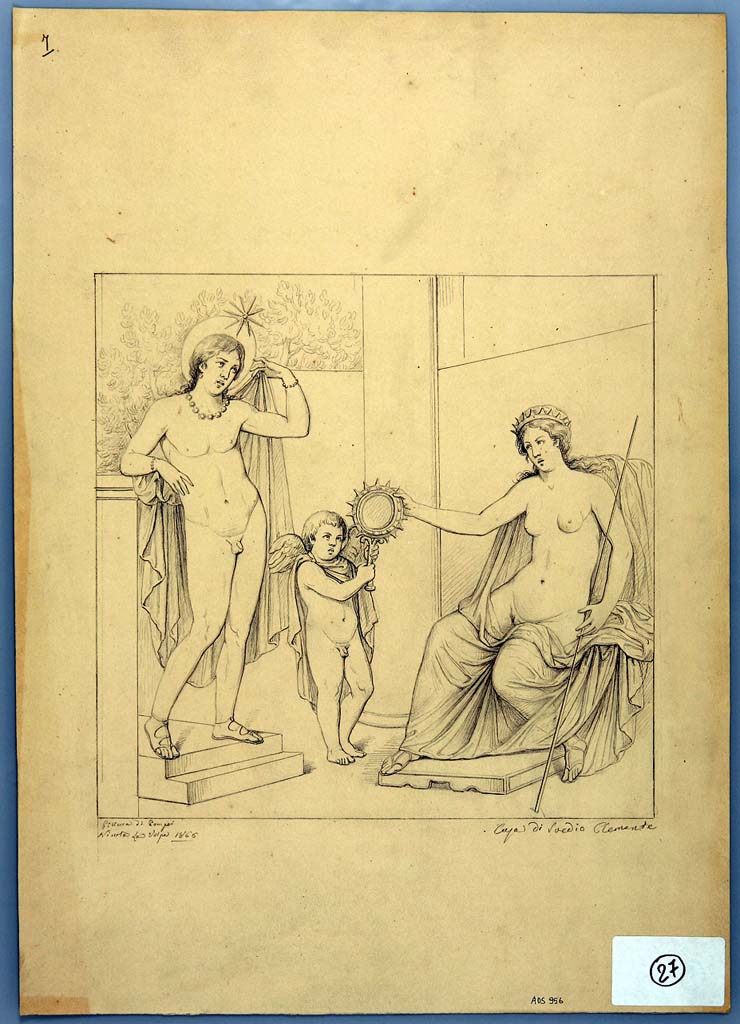 IX.1.20 Pompeii. Room 9, centre of east wall of triclinium.
Drawing by Nicola La Volpe, 1866, of painting of Hesperus and Venus with a cupid, now in mediocre condition and faded from east wall.
Hesperus has a halo round his head with a star.
His left hand holds his yellow mantle and he is wearing bracelets, anklets and necklace.
Venus sits on the right, in a green robe, wearing a tiara and with her sceptre in the left hand.
With her right hand she is touching a mirror that a cupid holds out.
See Helbig, W., 1868. Wandgemälde der vom Vesuv verschütteten Städte Campaniens. Leipzig: Breitkopf und Härtel, (967b).
Now in Naples Archaeological Museum. Inventory number ADS 956.
Photo © ICCD. http://www.catalogo.beniculturali.it
Utilizzabili alle condizioni della licenza Attribuzione - Non commerciale - Condividi allo stesso modo 2.5 Italia (CC BY-NC-SA 2.5 IT)