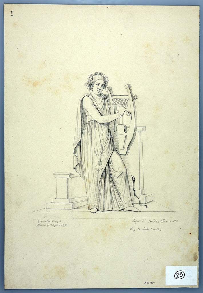 IX.1.20 Pompeii. Drawing by Nicola La Volpe, 1866, of painting of Terpsicore with large harp, from panel at south end of east wall.
See Helbig, W., 1868. Wandgemälde der vom Vesuv verschütteten Städte Campaniens. Leipzig: Breitkopf und Härtel, (870b).
Now in Naples Archaeological Museum. Inventory number ADS 960.
Photo © ICCD. http://www.catalogo.beniculturali.it
Utilizzabili alle condizioni della licenza Attribuzione - Non commerciale - Condividi allo stesso modo 2.5 Italia (CC BY-NC-SA 2.5 IT)