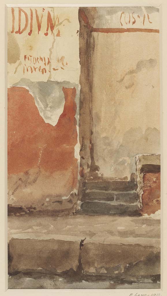 IX.1.20 Pompeii, Undated watercolour by Luigi Bazzani.
Looking north to steps at west end of podium at entrance.
Photo © Victoria and Albert Museum. Inventory number 2050-1900.