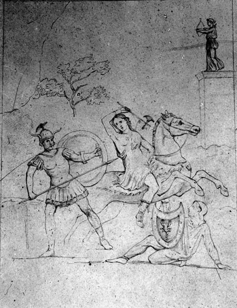 IX.2.16 Pompeii. W.357. Bellerophon and Amazons, from the north wall of the triclinium.
Photo by Tatiana Warscher. Photo © Deutsches Archäologisches Institut, Abteilung Rom, Arkiv. 
