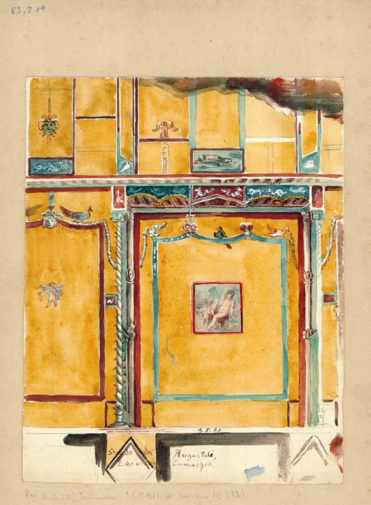 IX.2.27 Pompeii. 9th May 1880. Painting of west wall of triclinium with central painting of Narcissus.
DAIR 83.219. Photo © Deutsches Archäologisches Institut, Abteilung Rom, Arkiv.
See Sogliano, A., 1879. Le pitture murali campane scoverte negli anni 1867-79. Napoli: Giannini. (no.588)