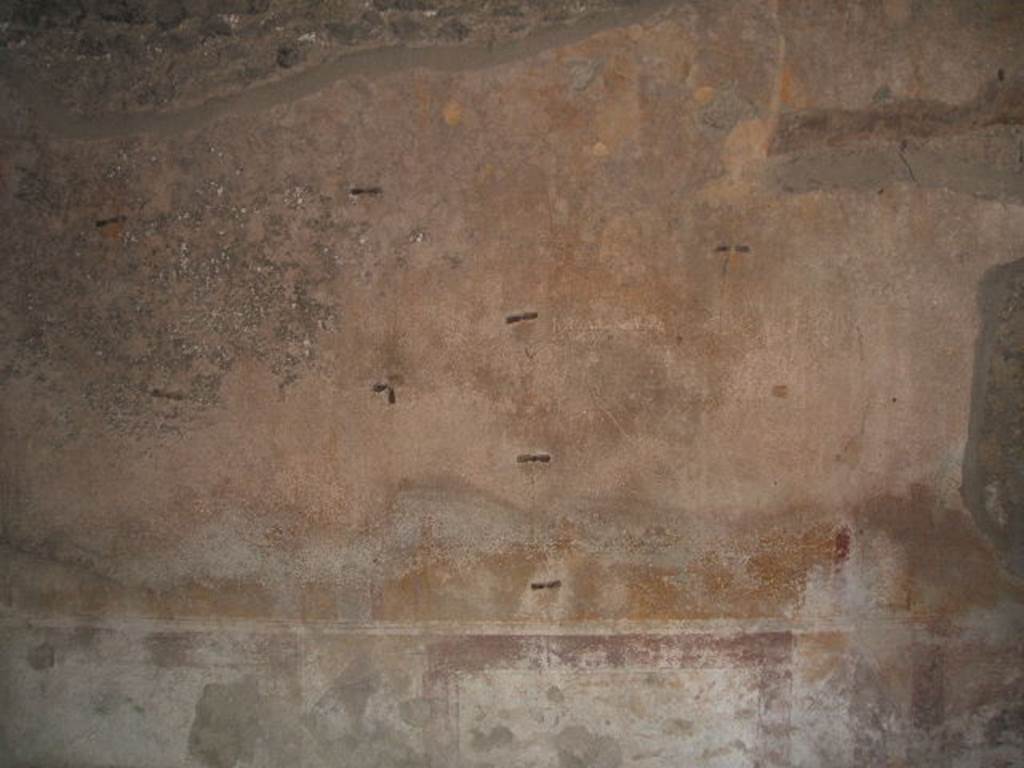 IX.2.27 Pompeii. May 2005. Remains of painted plaster from west wall of triclinium. The site of the faded painting of Narcissus can just be seen to the right of centre of the photo.