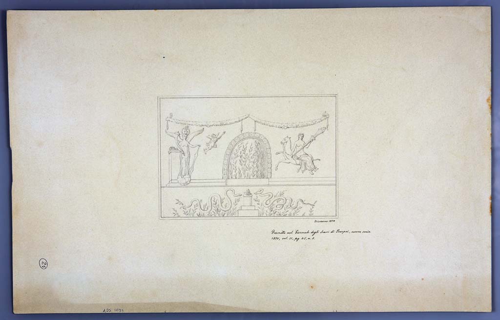 IX.3.12 Pompeii. Drawing by Geremia Discanno, 1870, of lararium painting seen on south wall, but now faded.  
Now in Naples Archaeological Museum. Inventory number ADS 1093.
Photo � ICCD. https://www.catalogo.beniculturali.it
Utilizzabili alle condizioni della licenza Attribuzione - Non commerciale - Condividi allo stesso modo 2.5 Italia (CC BY-NC-SA 2.5 IT)
