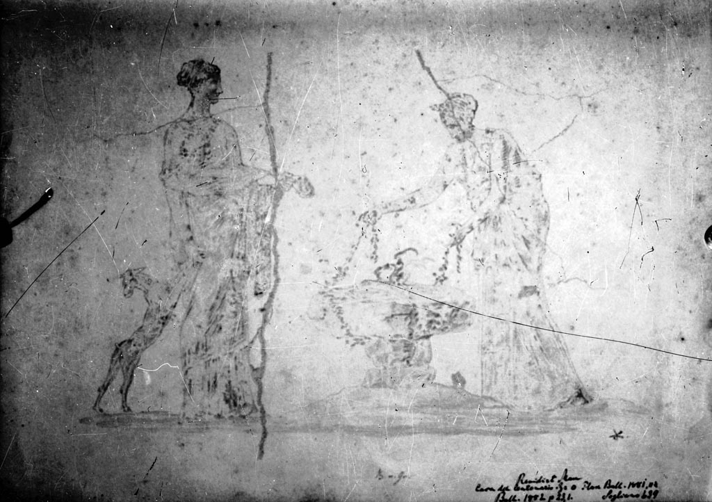 IX.8.6 Pompeii. W.1454.  Triclinium 38, detail from centre of west wall, with two women offering at an altar.
Photo by Tatiana Warscher. Photo © Deutsches Archäologisches Institut, Abteilung Rom, Arkiv. 
