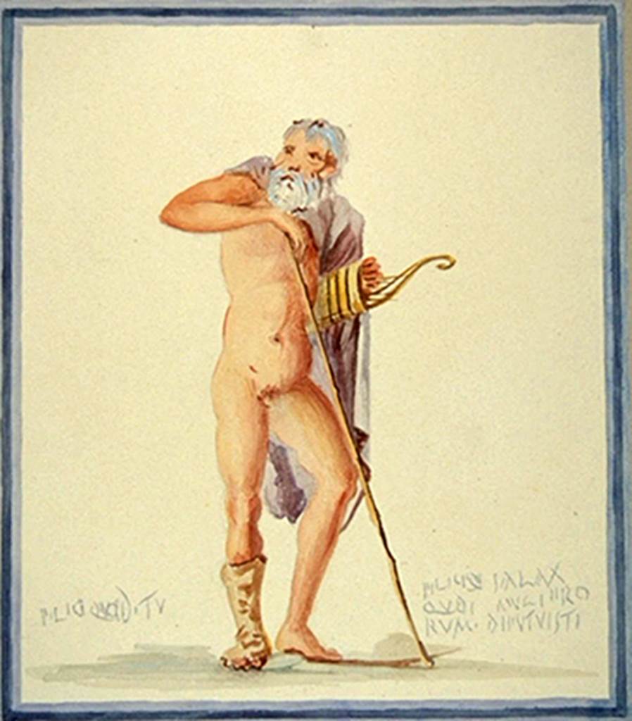 IX.8.6 Pompeii. 19th century watercolour copy of wall painting of the injured Philoctetes found on south wall of the left ala.
Now in Winckelmann-Gesellschaft/Winckelmann-Museum, Stendal (Landkreis), Deutschland. Inventory Number WG-B-101,161 -F.
