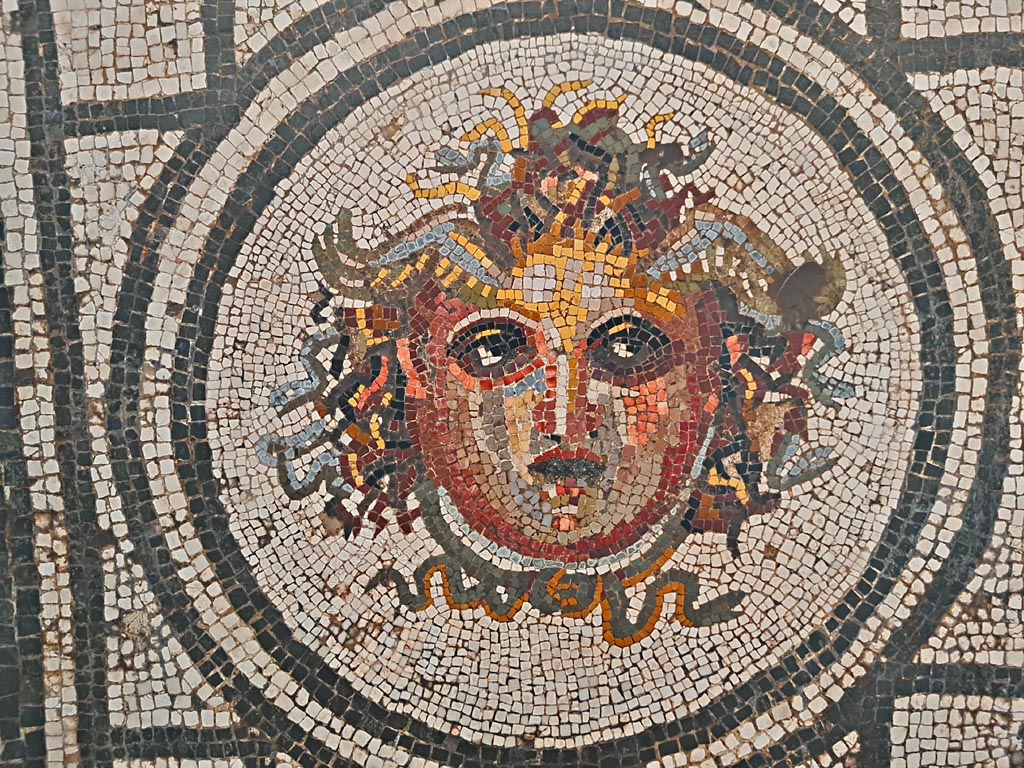 IX.8.6 Pompeii. September 2024. Room 55, detail of Head of Medusa from mosaic emblema from centre of floor in cubiculum.
Now in Naples Archaeological Museum. Inventory number 112284. Photo courtesy of Giuseppe Ciaramella.
