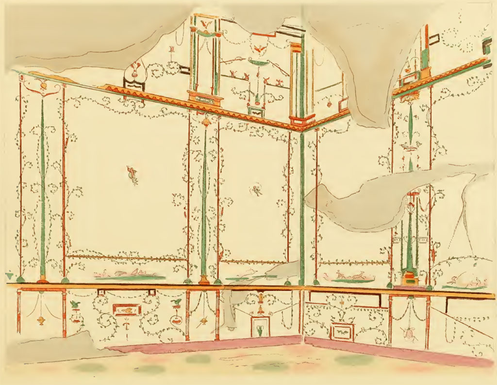 IX.8.6 Pompeii. Undated painting by Pierre Gusman. Room 57, looking towards west wall and north-west corner.
XX. Exedra de la maison du Centenaire (Région 111,7. 6). Quatrième style.
See Gusman P., 1924. La Décoration Murale de Pompei. Paris : Morancé, pl. XX.

